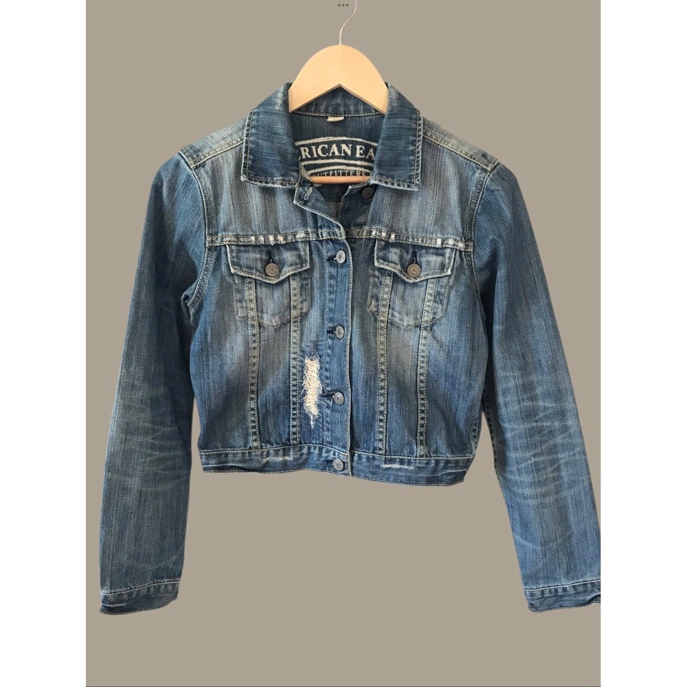 AMERICAN EAGLE AE Blue Distressed Denim Cropped Jeans Jacket Women's US M